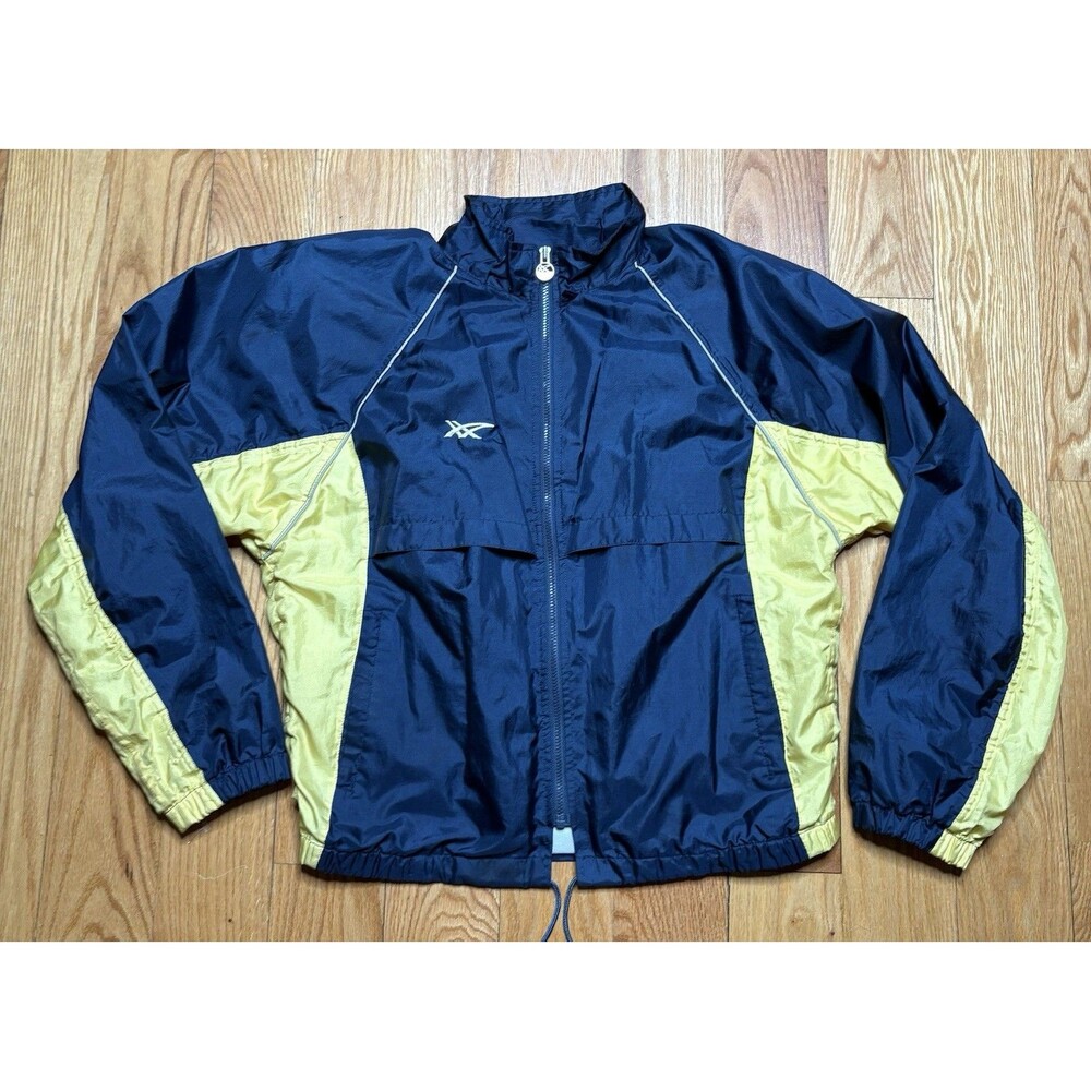 VINTAGE Asics Jacket Mens Med Blue Gold Nylon Windbreaker Vented Full Zip 90s